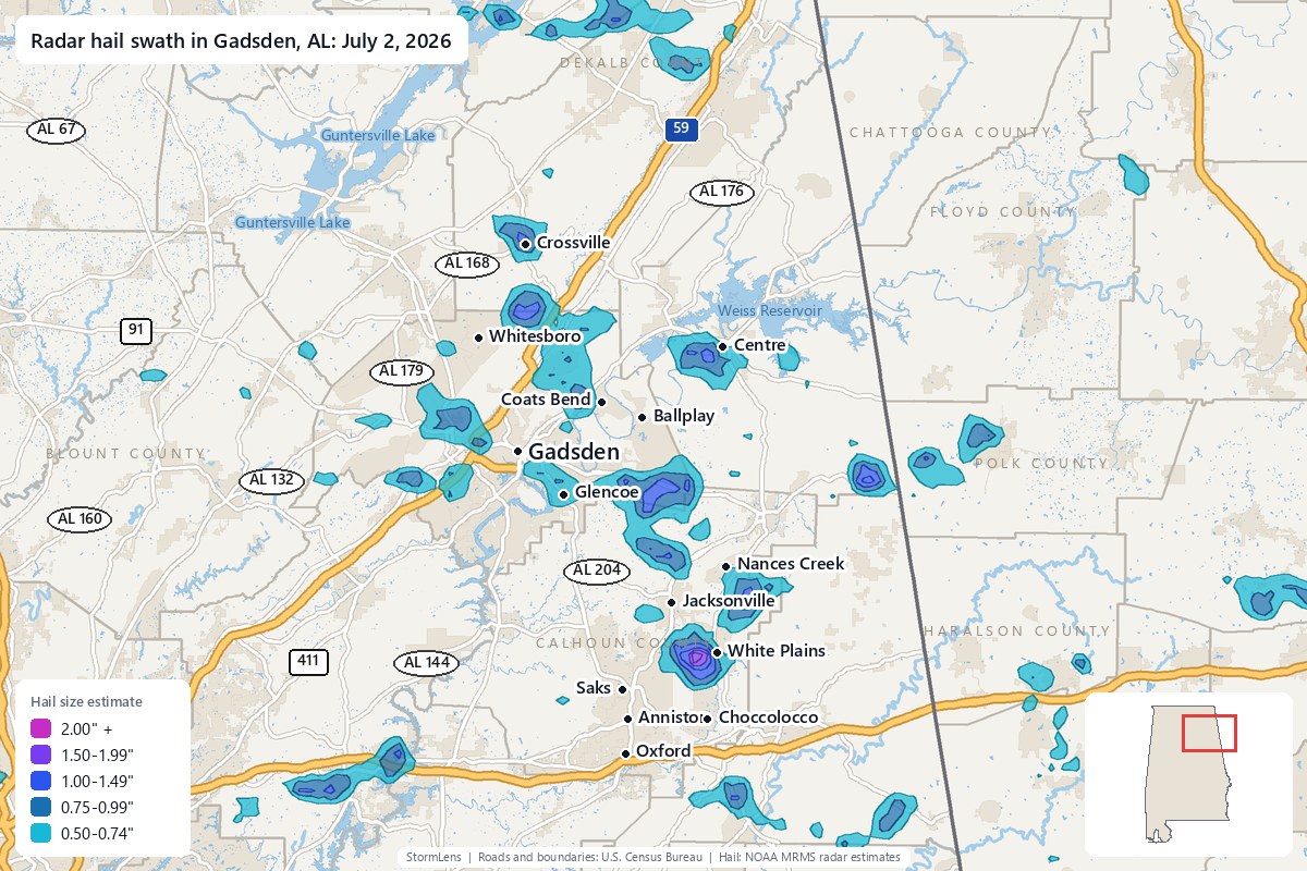 Radar-estimated hail swath in Gadsden, AL on July 2, 2026; colors show estimated hail sizes