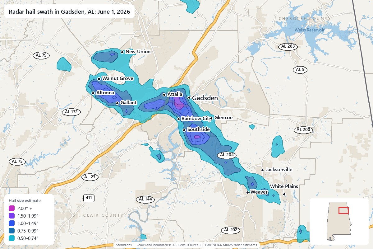 Radar-estimated hail swath in Gadsden, AL on June 1, 2026; colors show estimated hail sizes