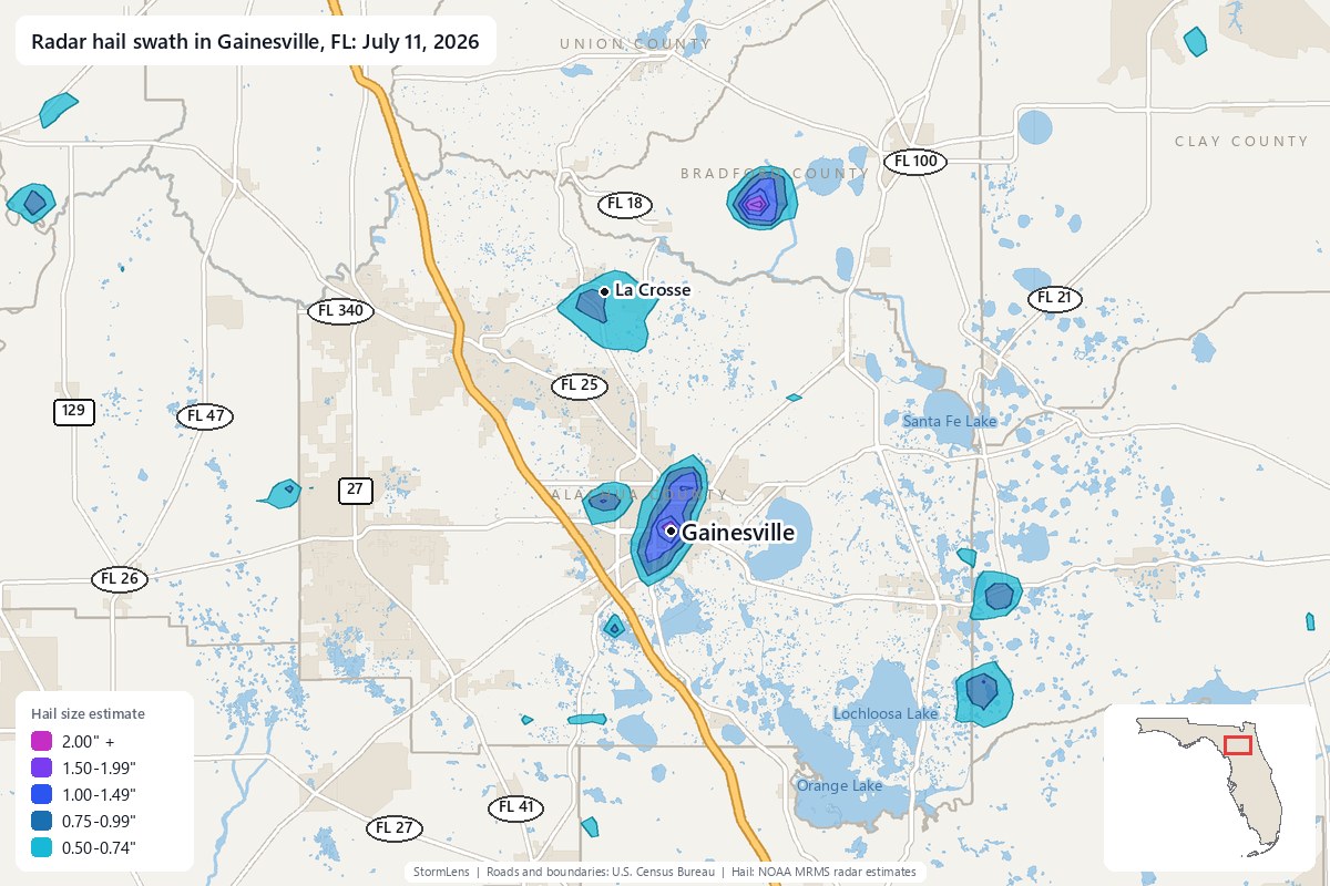 Radar-estimated hail swath in Gainesville, FL on July 11, 2026; colors show estimated hail sizes