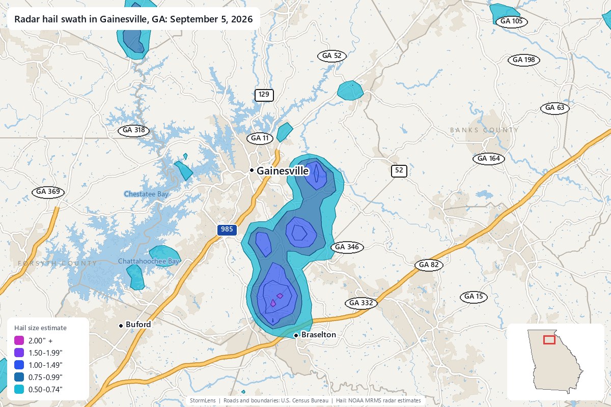 Radar-estimated hail swath in Gainesville, GA on September 5, 2026; colors show estimated hail sizes