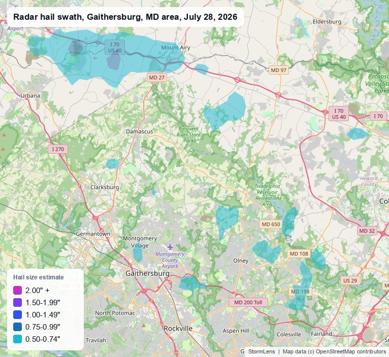 Radar-estimated hail swath near Gaithersburg, MD on July 28, 2026; colors show estimated hail sizes