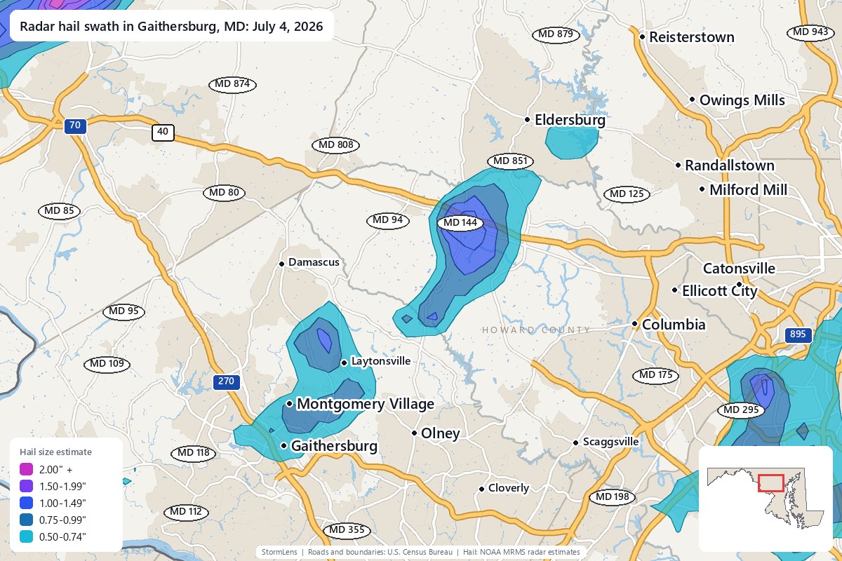 Radar-estimated hail swath in Gaithersburg, MD on July 4, 2026; colors show estimated hail sizes
