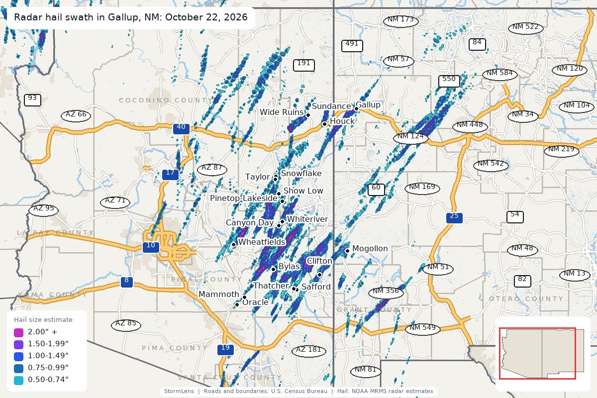 Radar-estimated hail swath in Gallup, NM on October 22, 2026; colors show estimated hail sizes