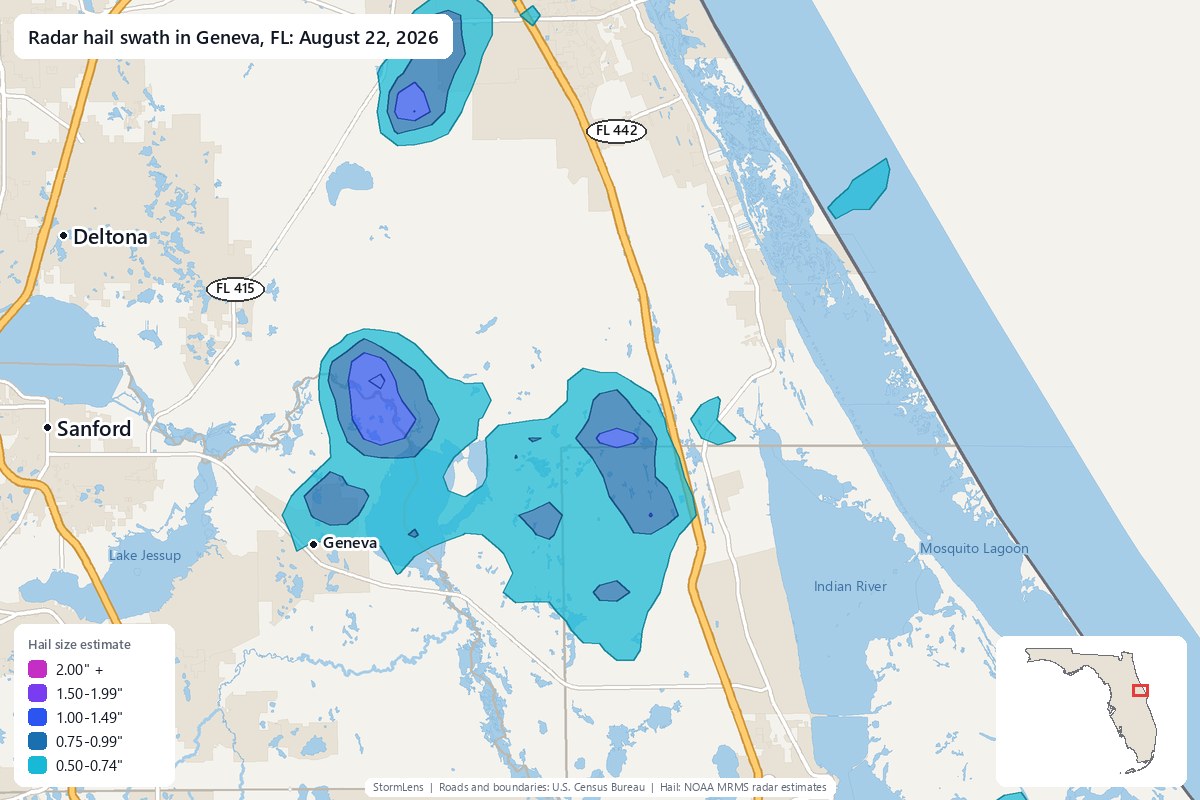 Radar-estimated hail swath in Geneva, FL on August 22, 2026; colors show estimated hail sizes