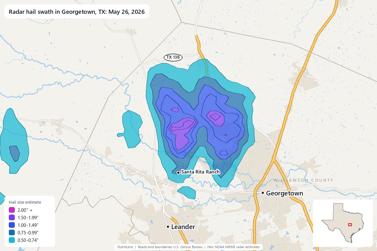 Radar-estimated hail swath in Georgetown, TX on May 26, 2026; colors show estimated hail sizes