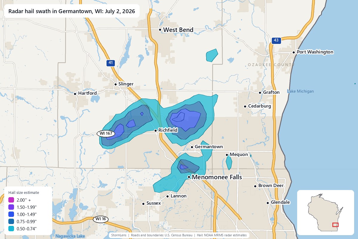 Radar-estimated hail swath in Germantown, WI on July 2, 2026; colors show estimated hail sizes