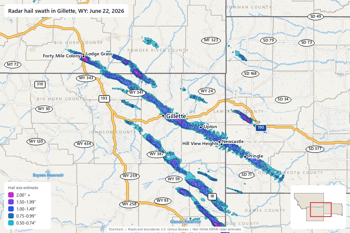 Radar-estimated hail swath in Gillette, WY on June 22, 2026; colors show estimated hail sizes
