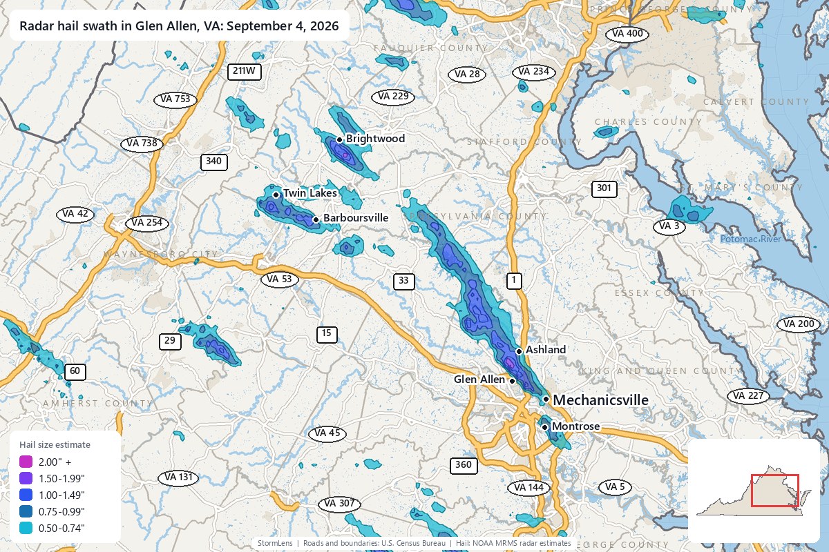 Radar-estimated hail swath in Glen Allen, VA on September 4, 2026; colors show estimated hail sizes