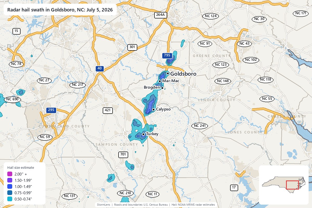 Radar-estimated hail swath in Goldsboro, NC on July 5, 2026; colors show estimated hail sizes