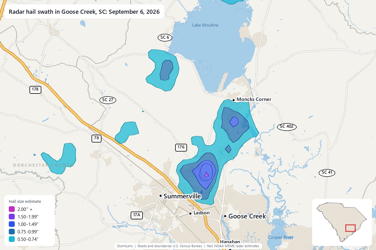 Radar-estimated hail swath in Goose Creek, SC on September 6, 2026; colors show estimated hail sizes