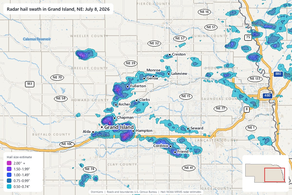 Radar-estimated hail swath in Grand Island, NE on July 8, 2026; colors show estimated hail sizes