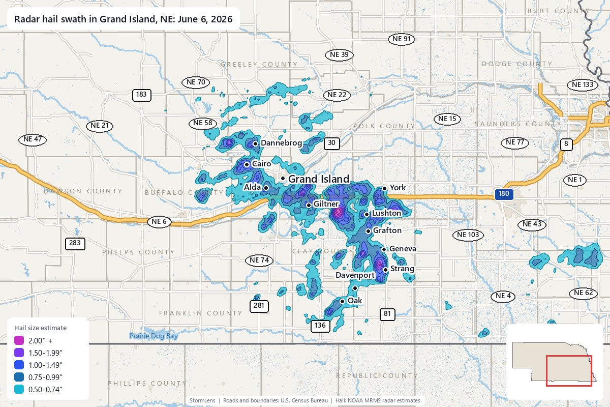 Radar-estimated hail swath in Grand Island, NE on June 6, 2026; colors show estimated hail sizes