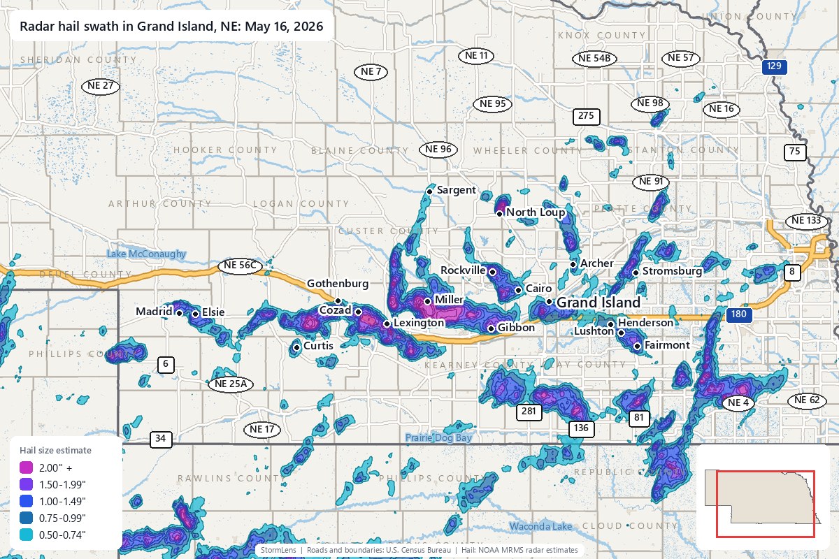 Radar-estimated hail swath in Grand Island, NE on May 16, 2026; colors show estimated hail sizes