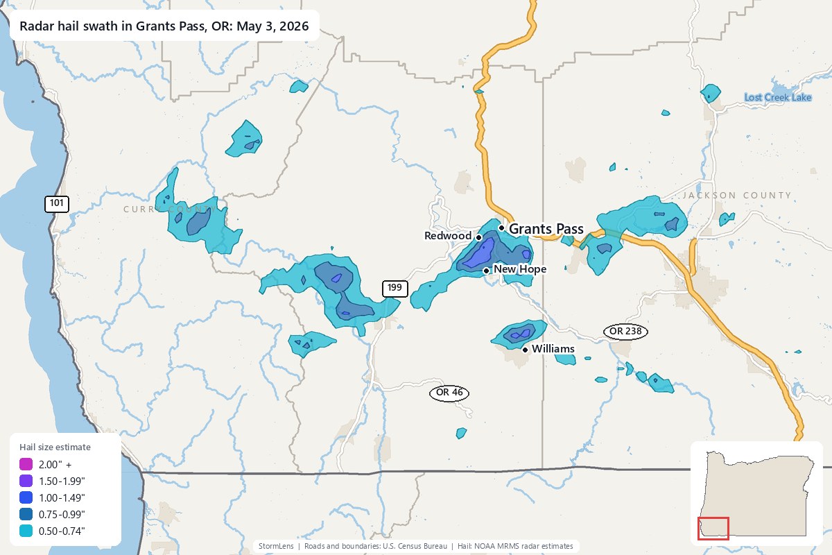 Radar-estimated hail swath in Grants Pass, OR on May 3, 2026; colors show estimated hail sizes