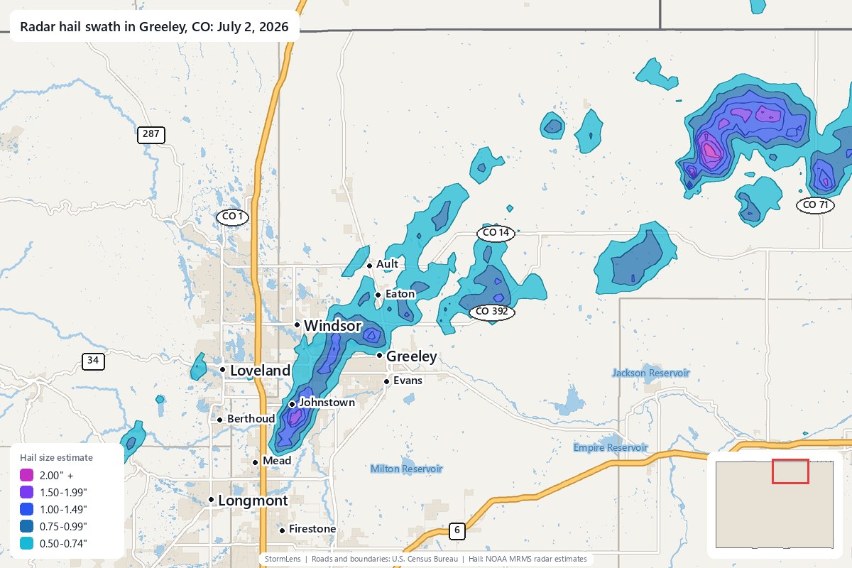 Radar-estimated hail swath in Greeley, CO on July 2, 2026; colors show estimated hail sizes