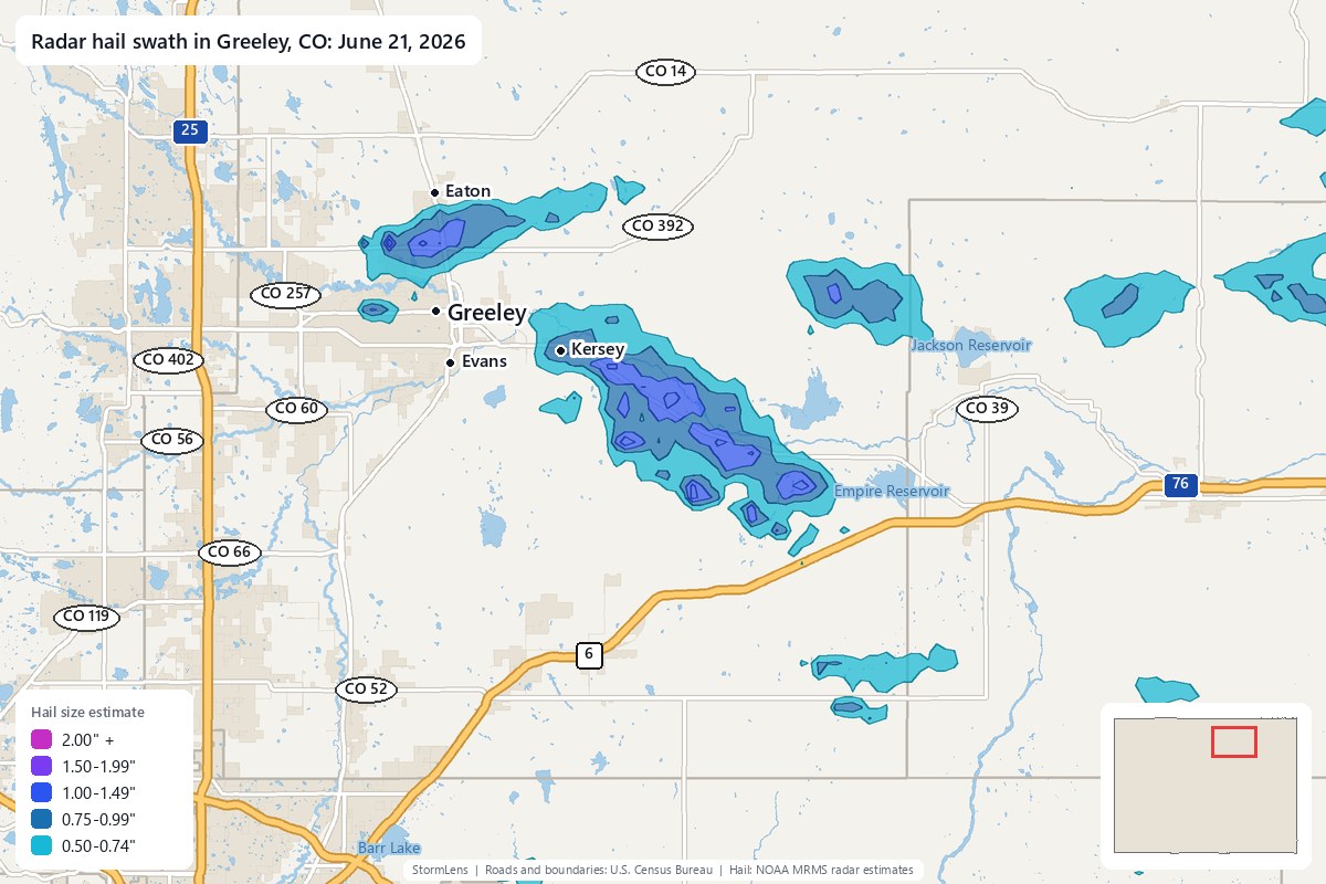 Radar-estimated hail swath in Greeley, CO on June 21, 2026; colors show estimated hail sizes