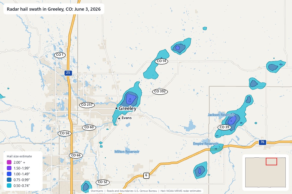 Radar-estimated hail swath in Greeley, CO on June 3, 2026; colors show estimated hail sizes