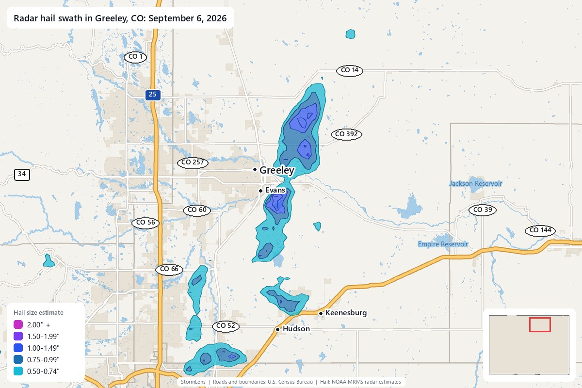 Radar-estimated hail swath in Greeley, CO on September 6, 2026; colors show estimated hail sizes