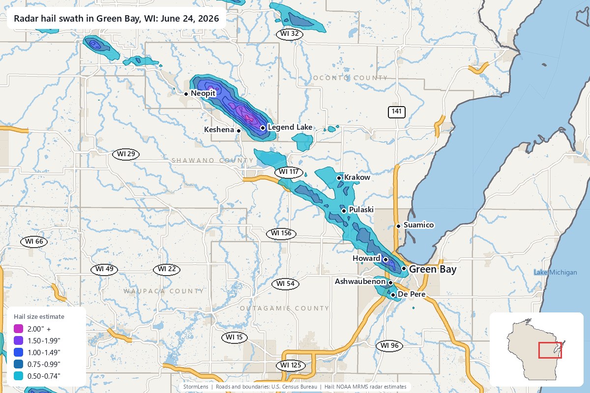 Radar-estimated hail swath in Green Bay, WI on June 24, 2026; colors show estimated hail sizes