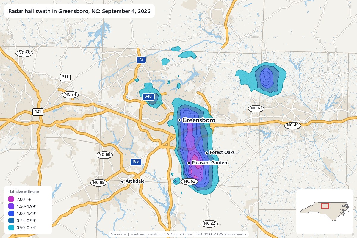 Radar-estimated hail swath in Greensboro, NC on September 4, 2026; colors show estimated hail sizes