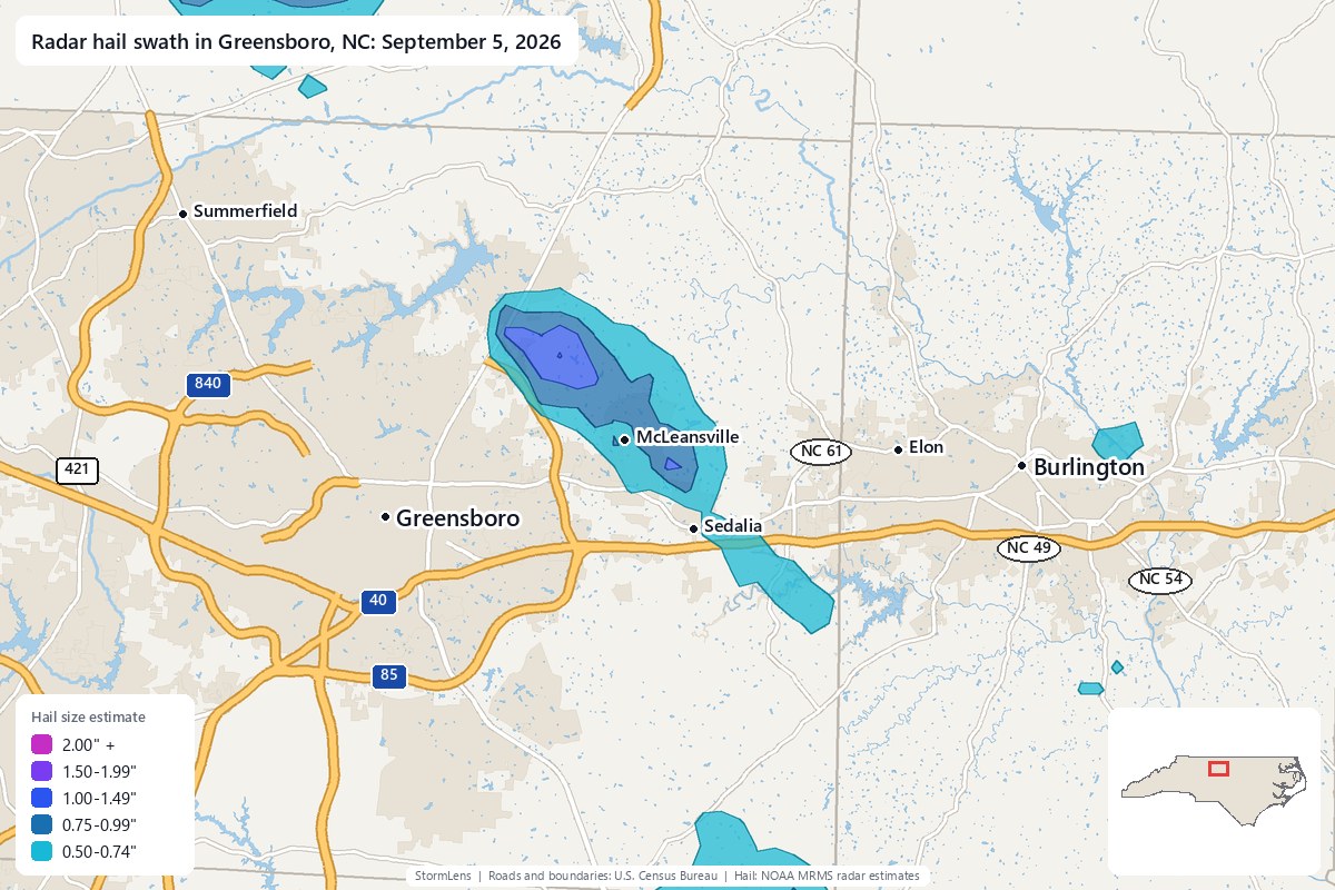 Radar-estimated hail swath in Greensboro, NC on September 5, 2026; colors show estimated hail sizes