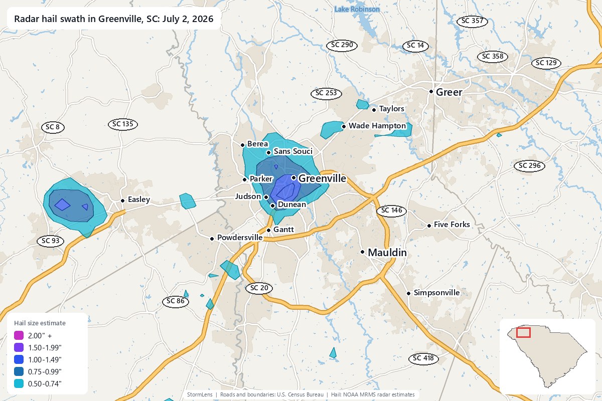 Radar-estimated hail swath in Greenville, SC on July 2, 2026; colors show estimated hail sizes