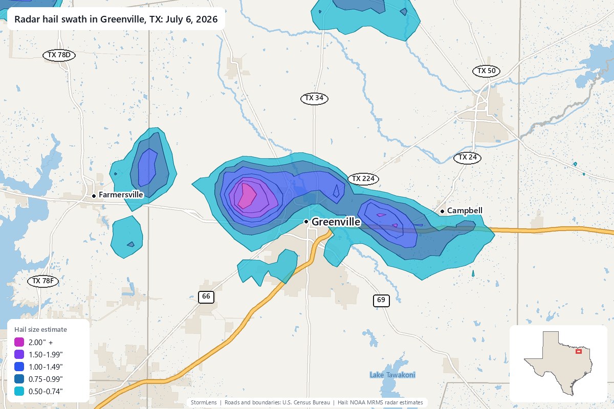 Radar-estimated hail swath in Greenville, TX on July 6, 2026; colors show estimated hail sizes