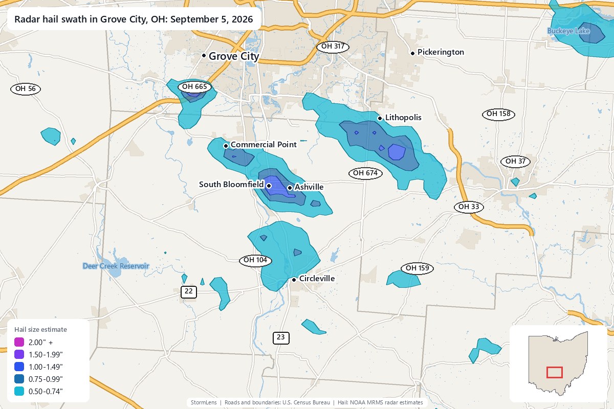 Radar-estimated hail swath in Grove City, OH on September 5, 2026; colors show estimated hail sizes