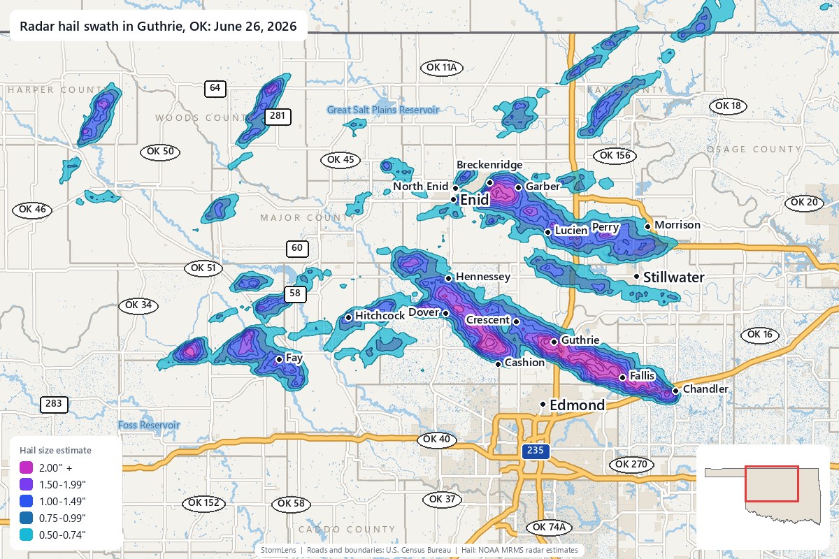 Radar-estimated hail swath in Guthrie, OK on June 26, 2026; colors show estimated hail sizes