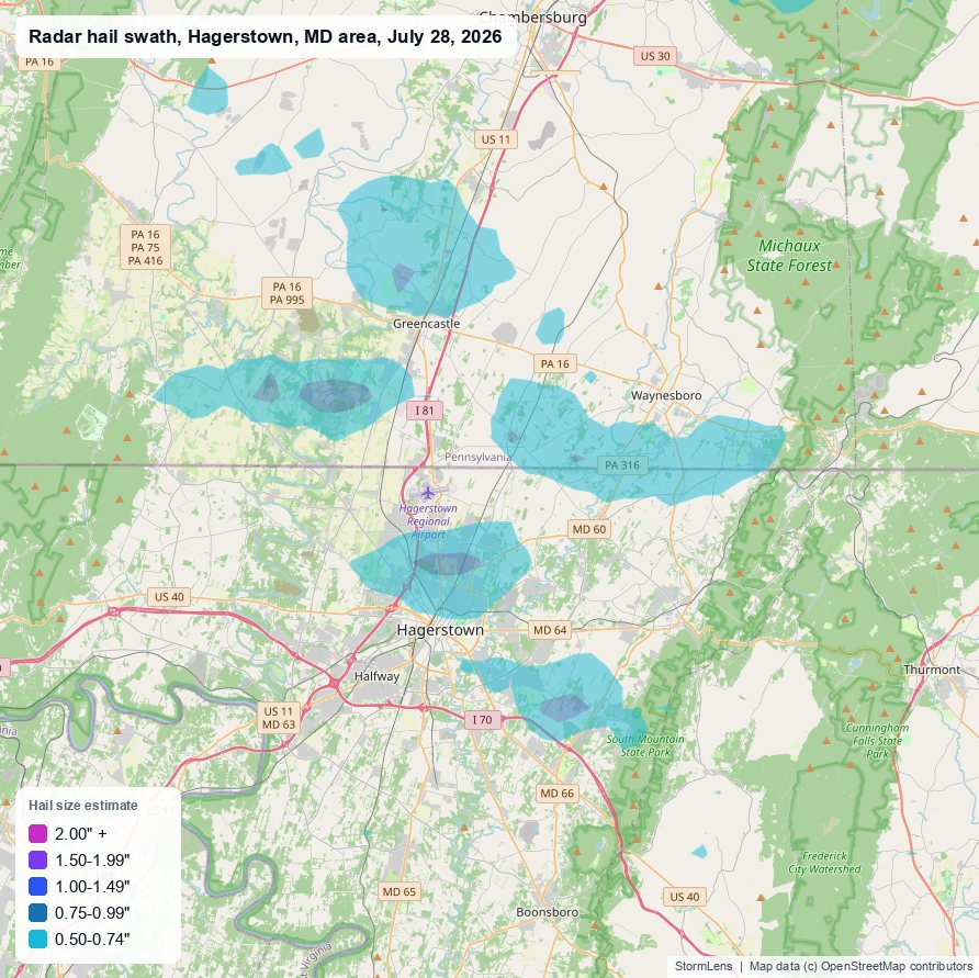 Radar-estimated hail swath near Hagerstown, MD on July 28, 2026; colors show estimated hail sizes