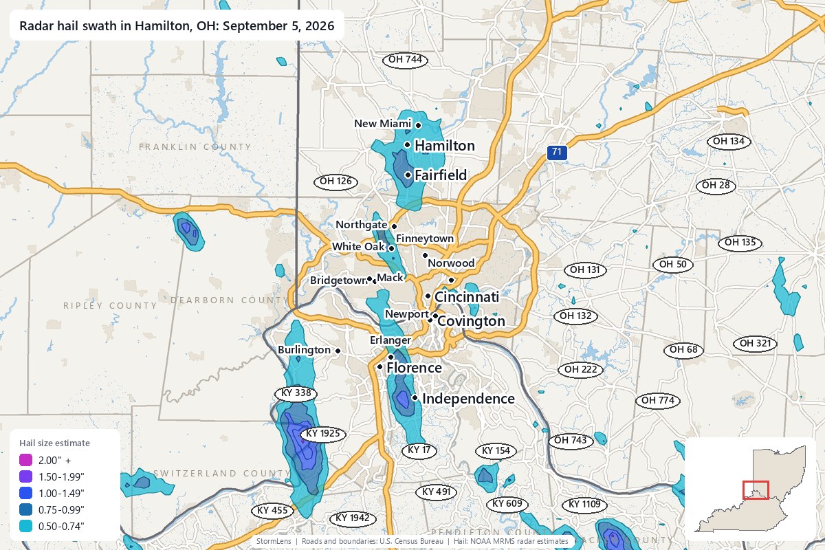 Radar-estimated hail swath in Hamilton, OH on September 5, 2026; colors show estimated hail sizes