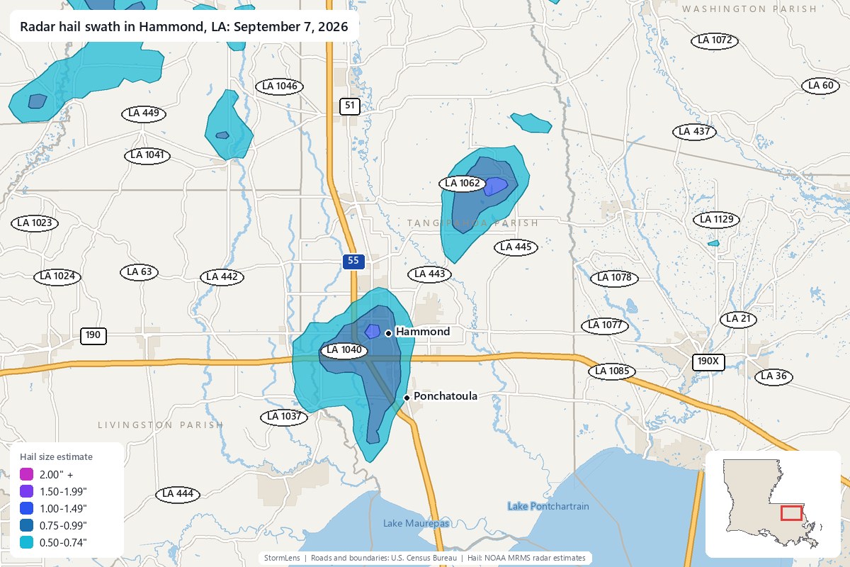 Radar-estimated hail swath in Hammond, LA on September 7, 2026; colors show estimated hail sizes