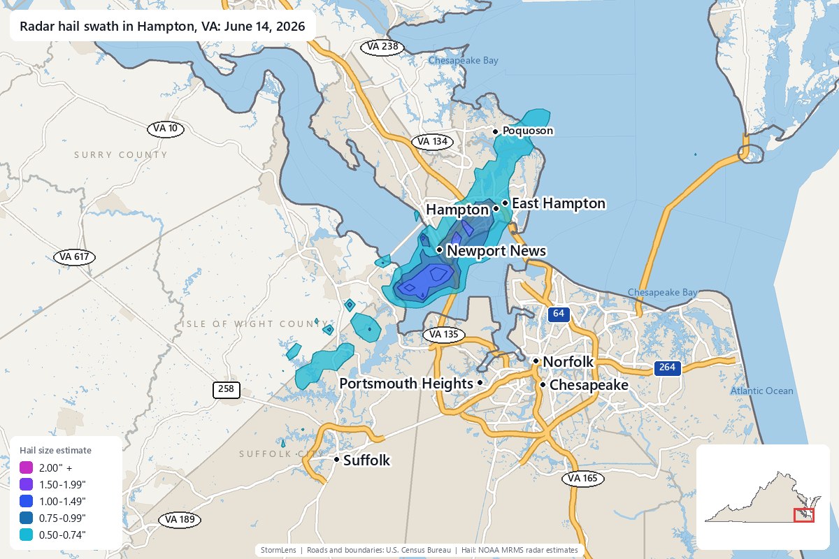 Radar-estimated hail swath in Hampton, VA on June 14, 2026; colors show estimated hail sizes