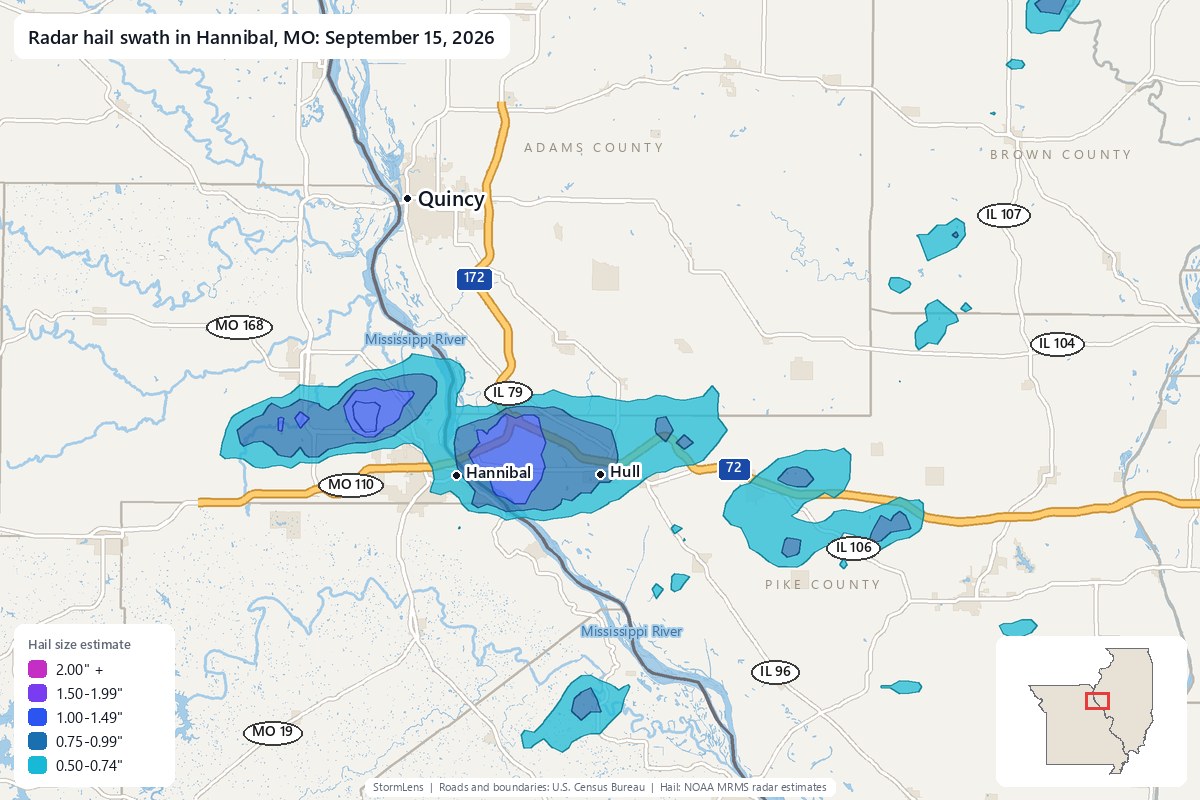 Radar-estimated hail swath in Hannibal, MO on September 15, 2026; colors show estimated hail sizes