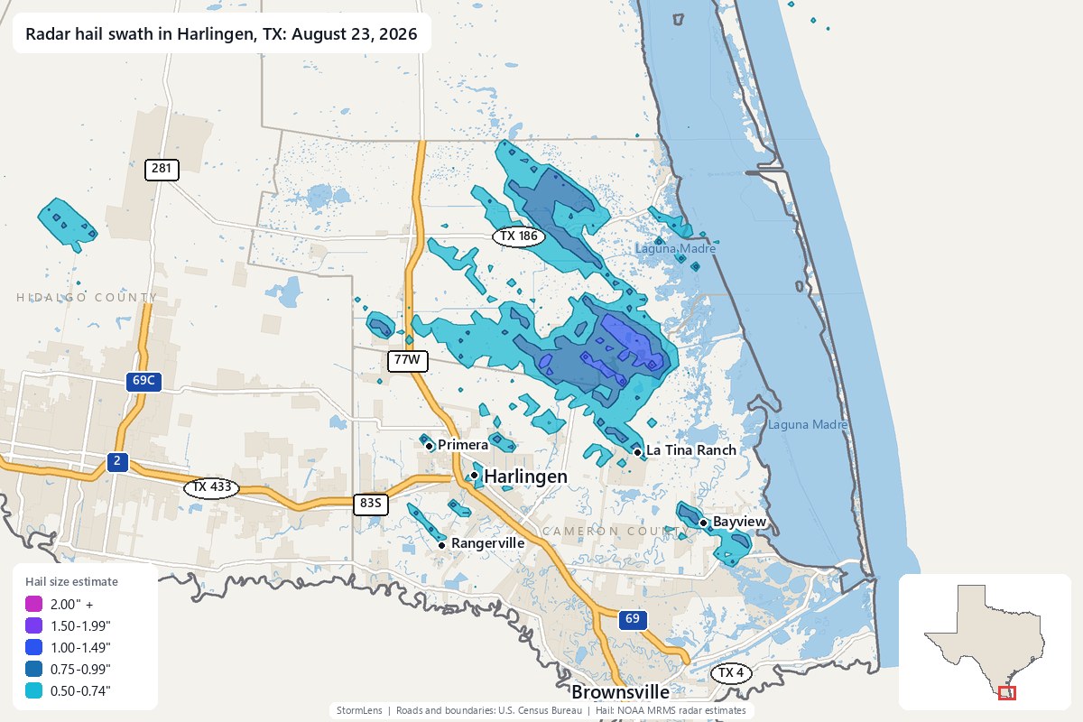 Radar-estimated hail swath in Harlingen, TX on August 23, 2026; colors show estimated hail sizes
