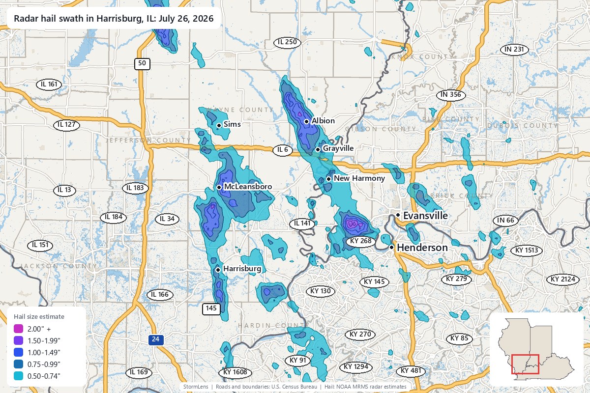 Radar-estimated hail swath in Harrisburg, IL on July 26, 2026; colors show estimated hail sizes