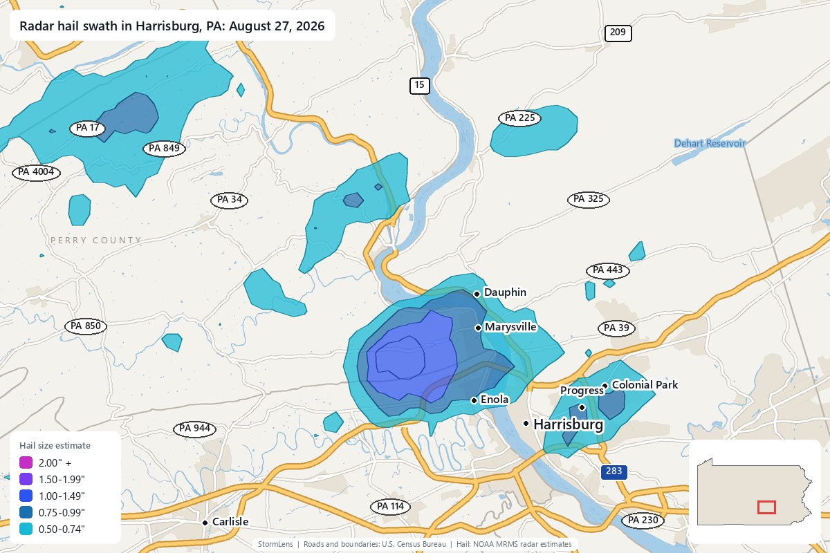 Radar-estimated hail swath in Harrisburg, PA on August 27, 2026; colors show estimated hail sizes