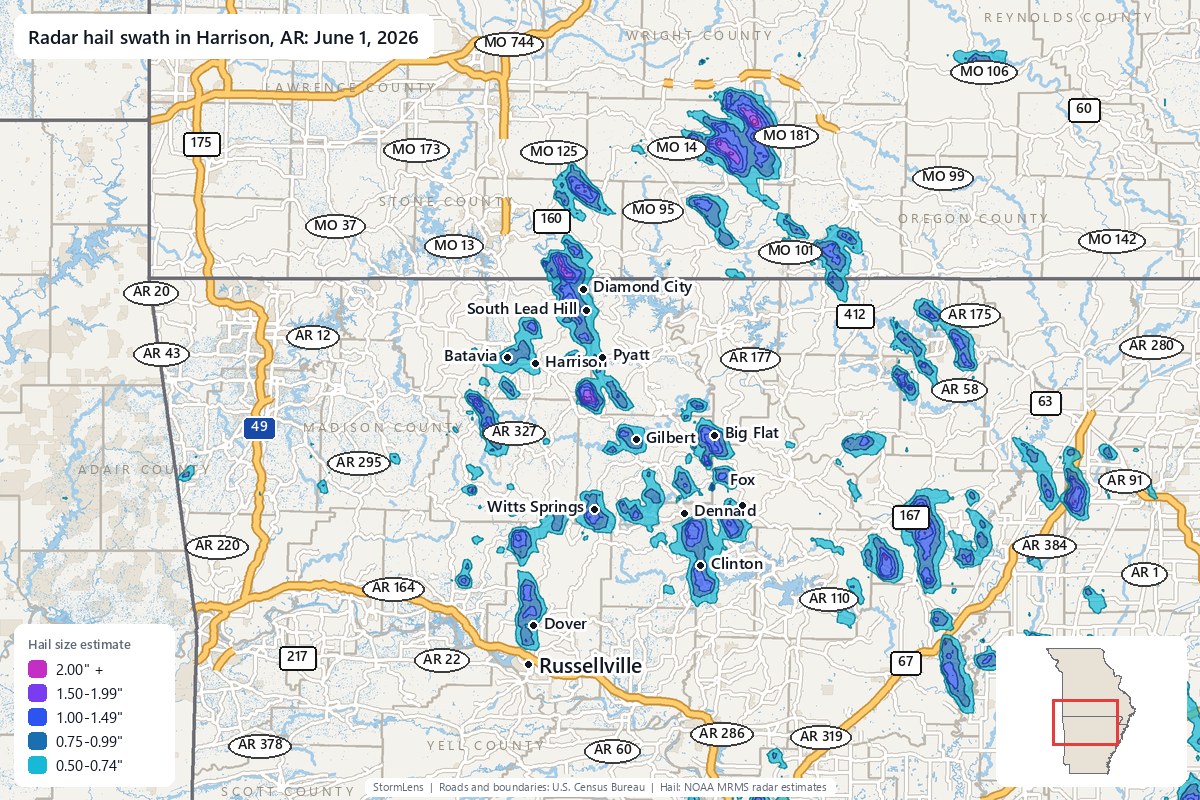 Radar-estimated hail swath in Harrison, AR on June 1, 2026; colors show estimated hail sizes