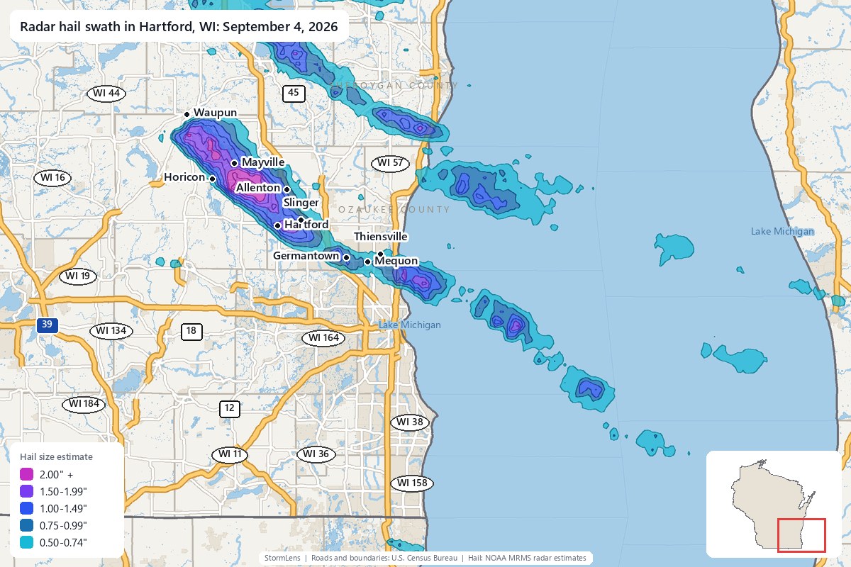 Radar-estimated hail swath in Hartford, WI on September 4, 2026; colors show estimated hail sizes