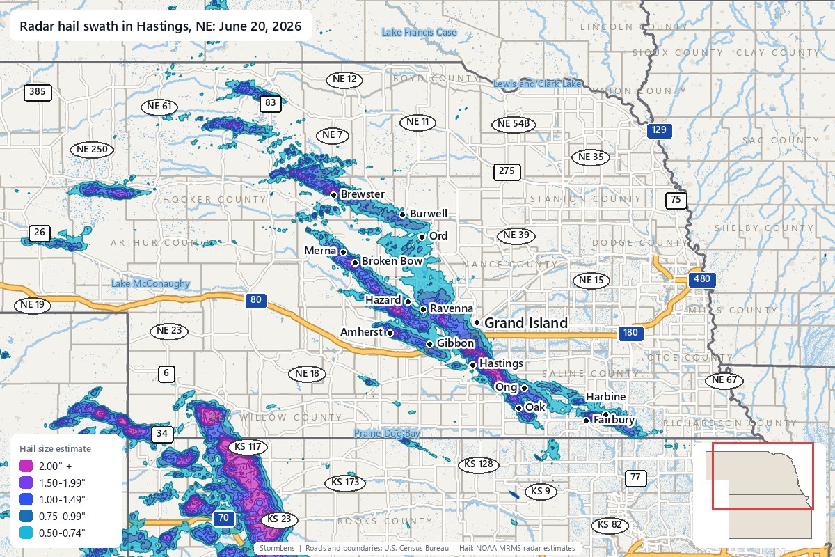 Radar-estimated hail swath in Hastings, NE on June 20, 2026; colors show estimated hail sizes