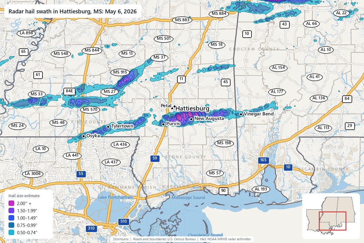 Radar-estimated hail swath in Hattiesburg, MS on May 6, 2026; colors show estimated hail sizes