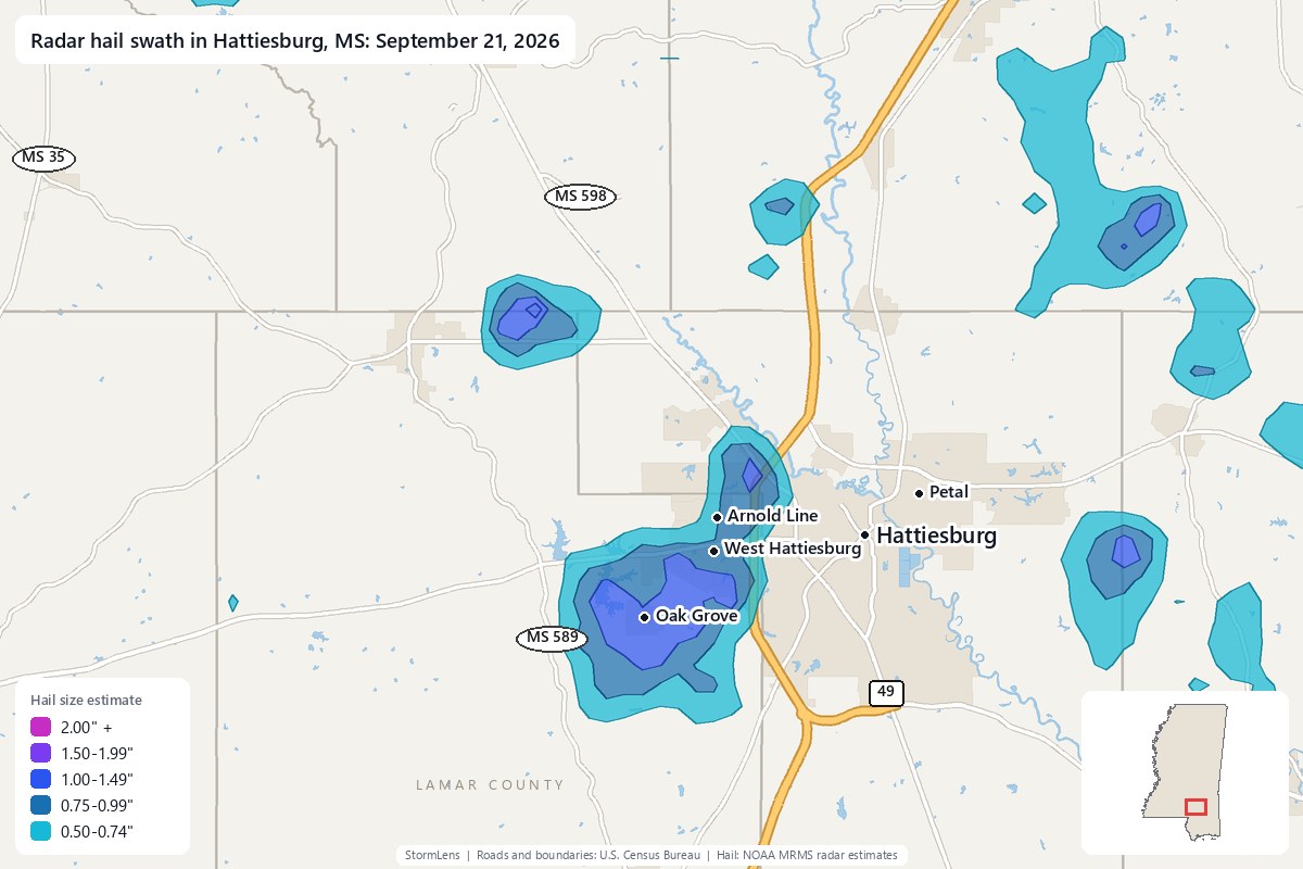 Radar-estimated hail swath in Hattiesburg, MS on September 21, 2026; colors show estimated hail sizes