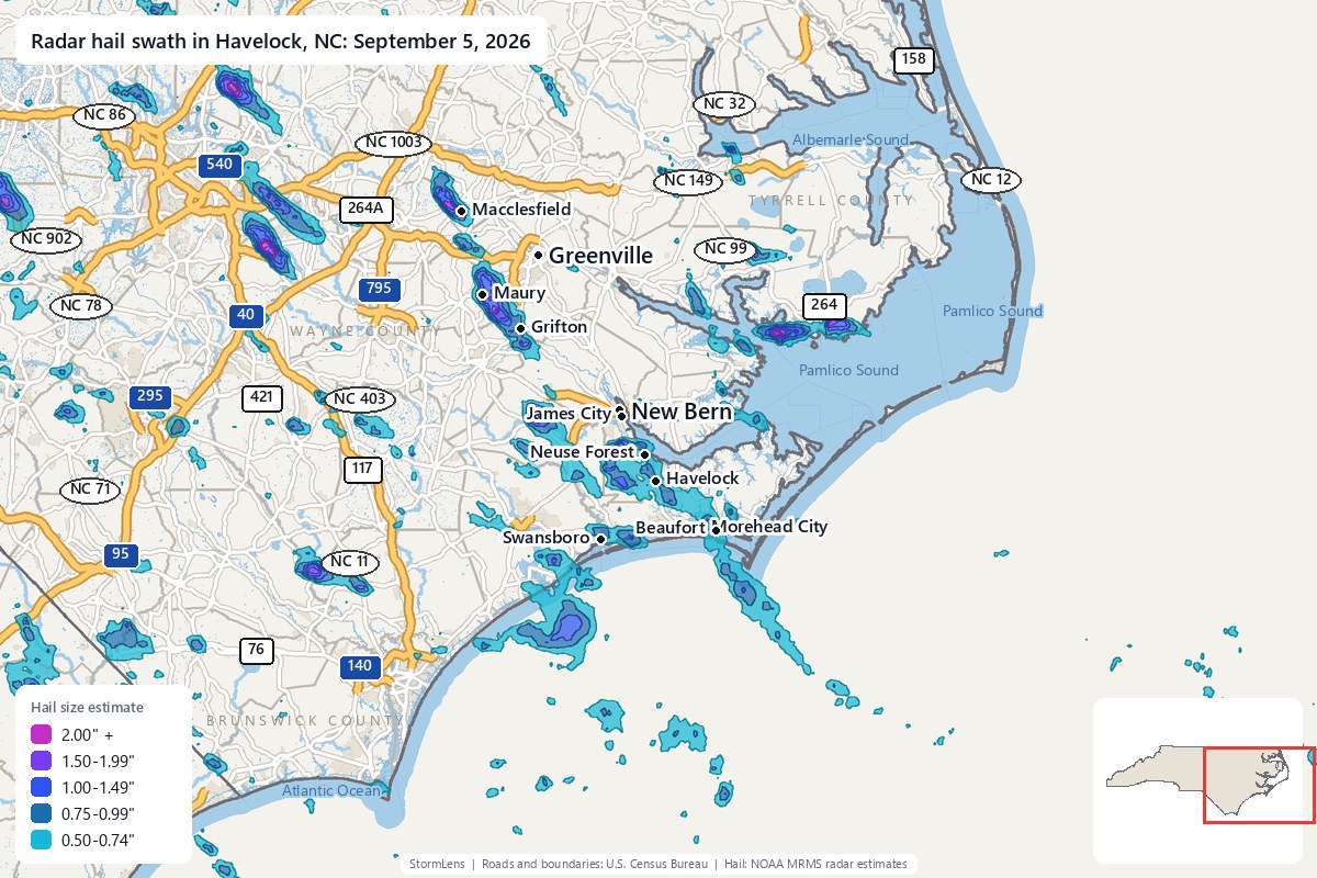 Radar-estimated hail swath in Havelock, NC on September 5, 2026; colors show estimated hail sizes