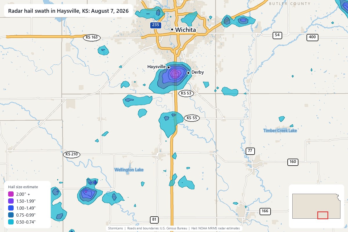 Radar-estimated hail swath in Haysville, KS on August 7, 2026; colors show estimated hail sizes