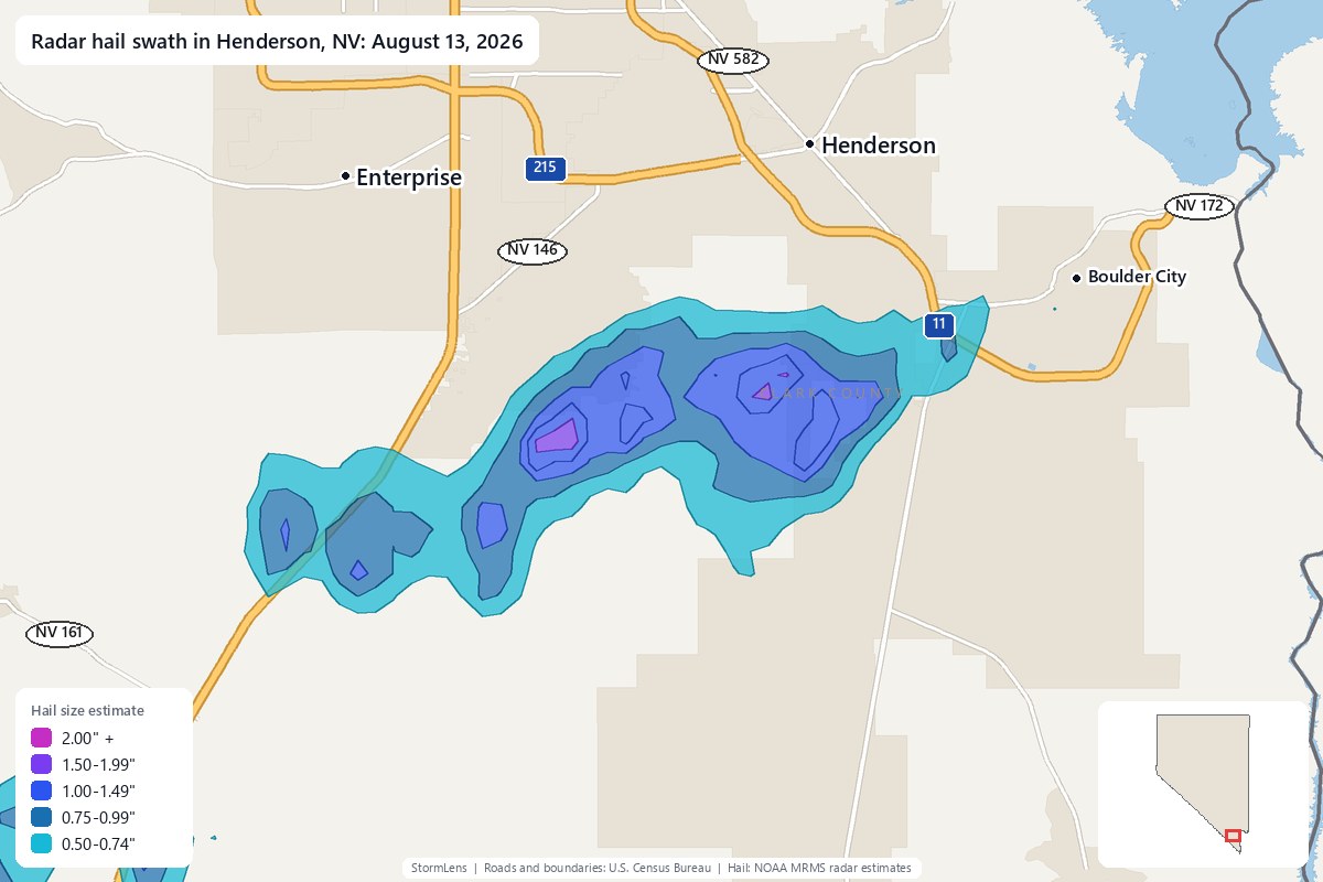 Radar-estimated hail swath in Henderson, NV on August 13, 2026; colors show estimated hail sizes
