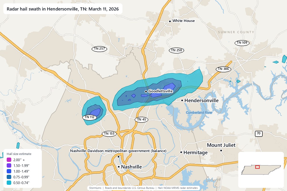 Radar-estimated hail swath in Hendersonville, TN on March 11, 2026; colors show estimated hail sizes