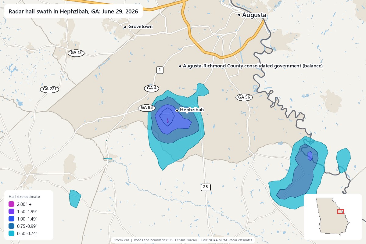 Radar-estimated hail swath in Hephzibah, GA on June 29, 2026; colors show estimated hail sizes