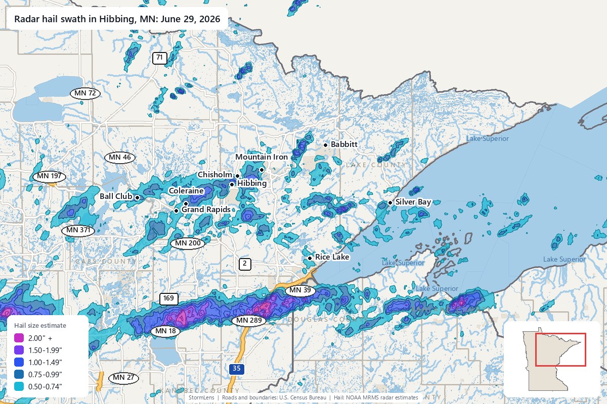 Radar-estimated hail swath in Hibbing, MN on June 29, 2026; colors show estimated hail sizes