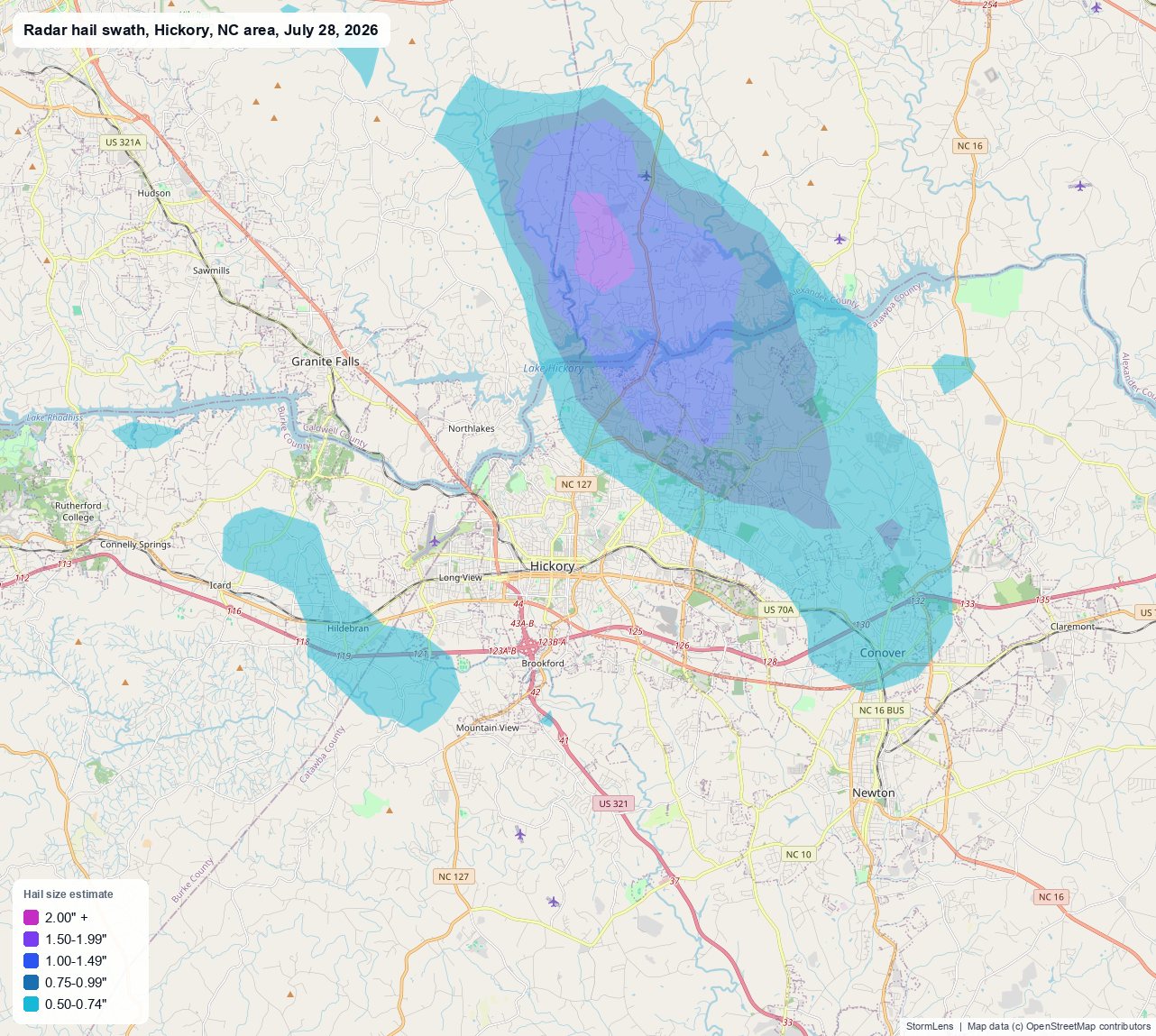 Radar-estimated hail swath near Hickory, NC on July 28, 2026; colors show estimated hail sizes