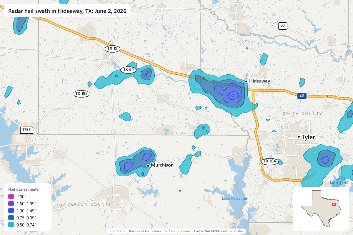 Radar-estimated hail swath in Hideaway, TX on June 2, 2026; colors show estimated hail sizes
